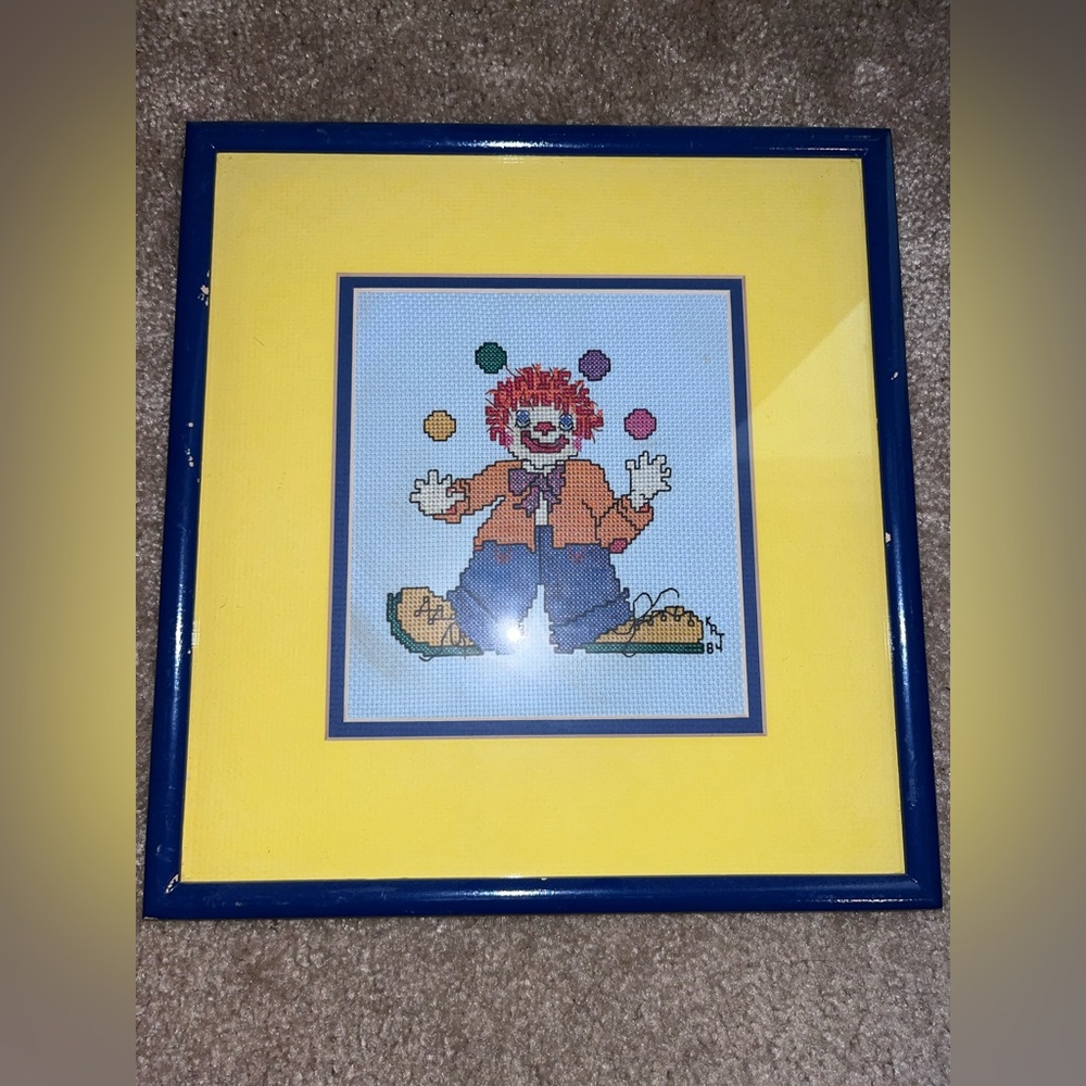 Framed Clown Cross-Stitch Art 1984
